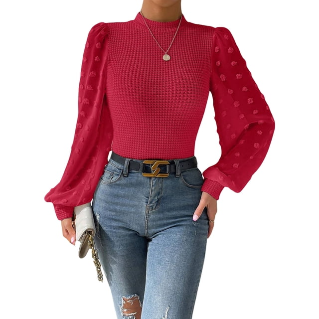 Sexy Dance Chandail pour Femmes à Manches Longues, Chandail Uni, Hauts, Tricot, Chandails Tricotés, Col Rond, Rouge, TG