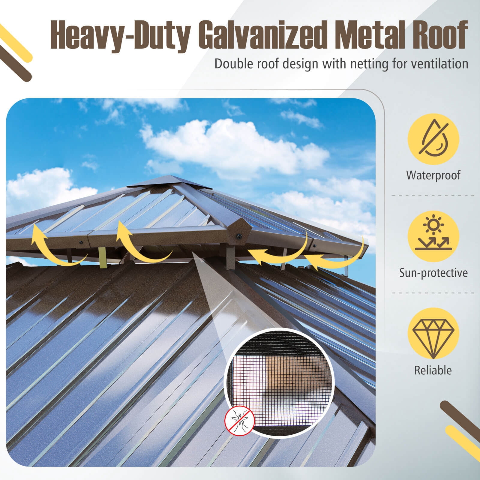 Costway 10 x 10 FT Hardtop Gazebo with Netting Heavy-Duty Double-Roof Galvanized Metal Top
