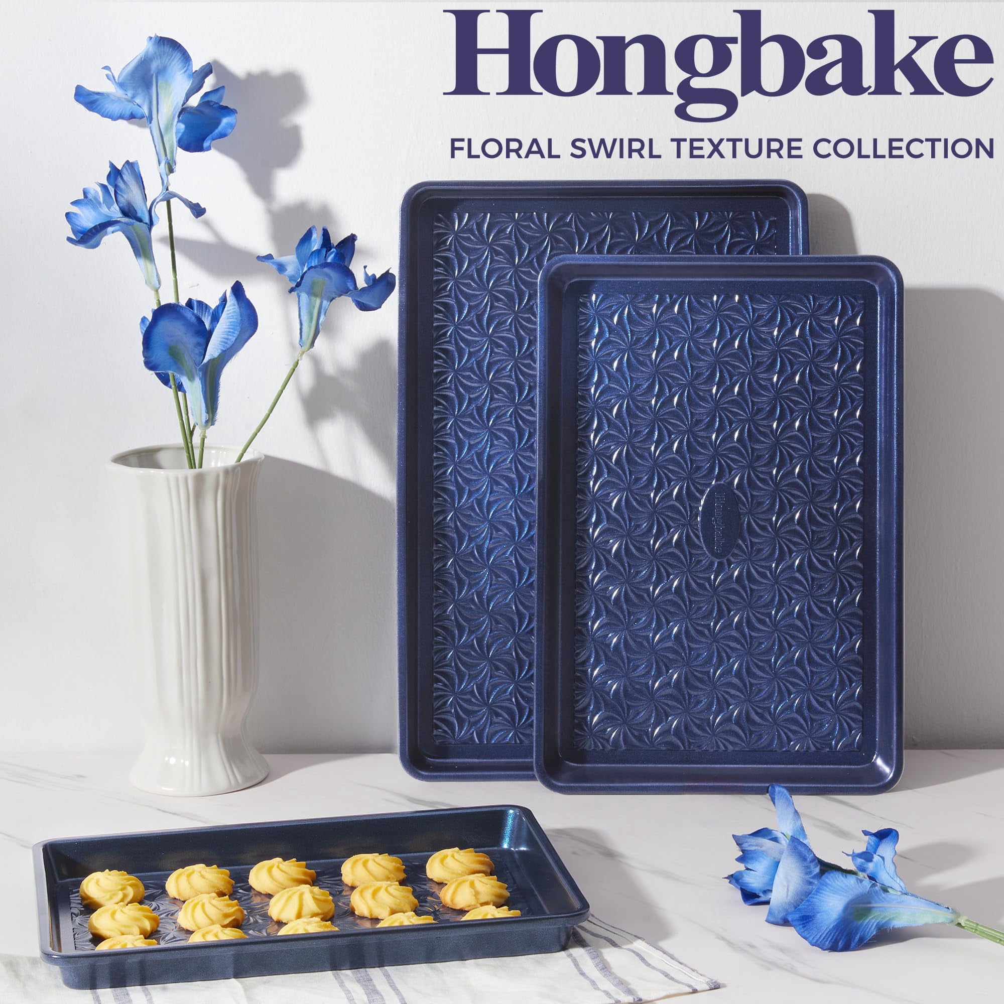 HONGBAKE Nonstick Baking Sheet Pan Set of 3, Cookie Sheets for Baking, Half Sheet, Quarter Sheet & Jelly Roll Pan Set, Heavy Duty Carbon Steel Bakeware, Blue