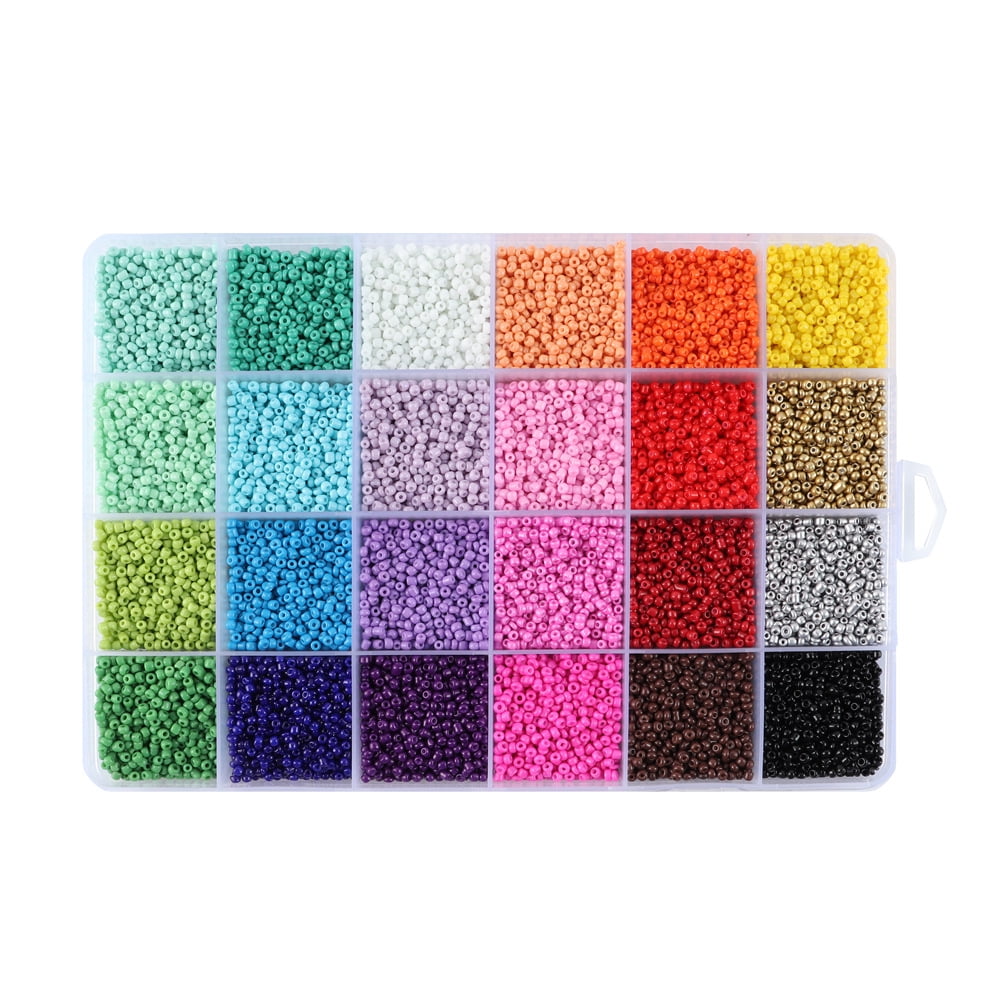 QUEFE 26400pcs 2mm Glass Seed Beads 24 Colors Small Beads Kit Bracelet Beads with 24-grid Plastic Storage Box for Jewelry Making