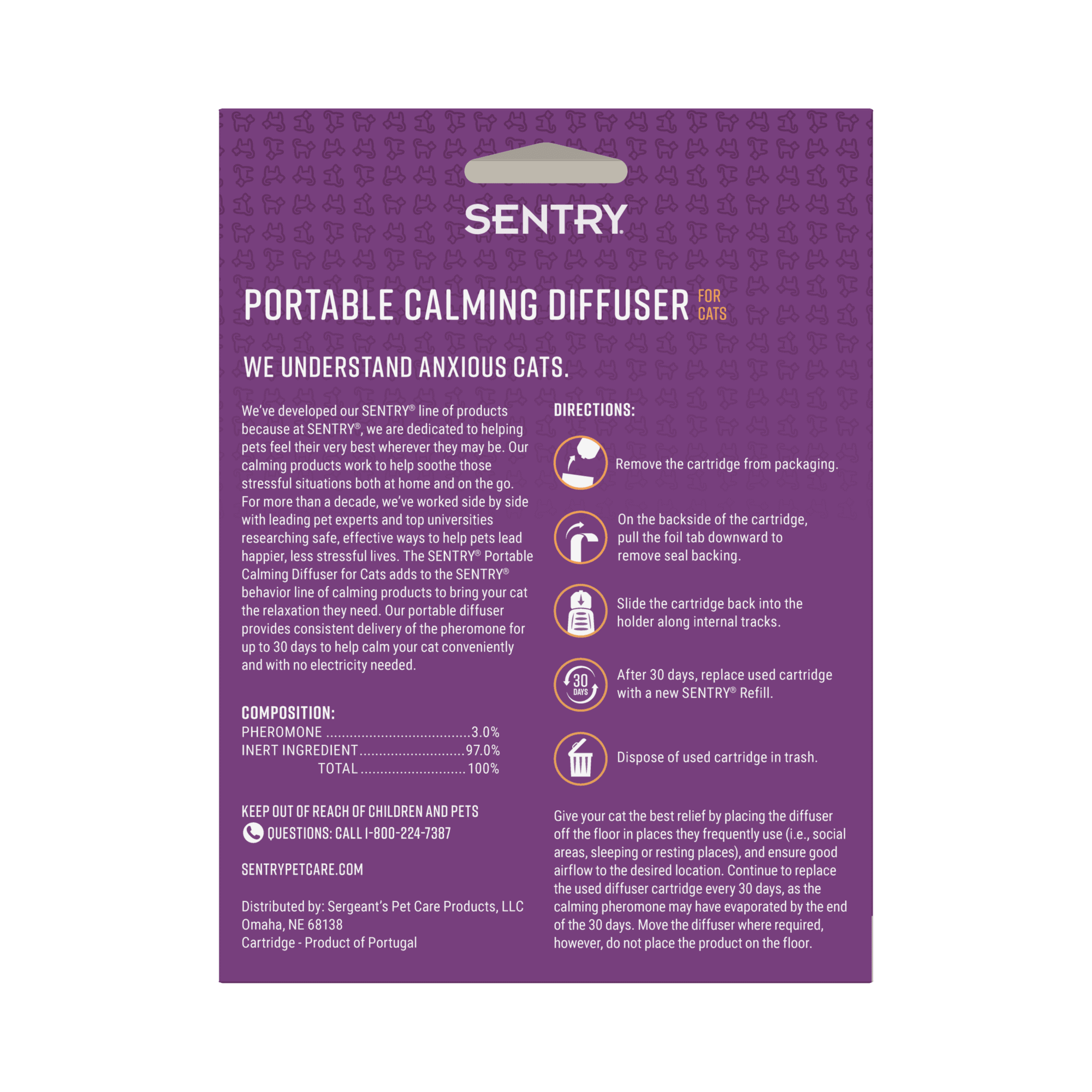 SENTRY Portable Calming Pheromone Diffuser Pack for Cats, Helps Reduce Anxiety, Base with 6 oz Pod
