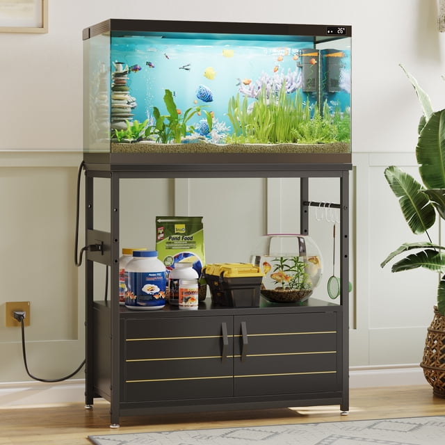 Bestier 20–29 Gallon Aquarium Stand with Power Outlets, Metal Fish Tank Stand with Storage Cabinet, 31.5"x15.7" Reptile Terrarium Stand with Gold Trim, 350 lbs Capacity (Black)