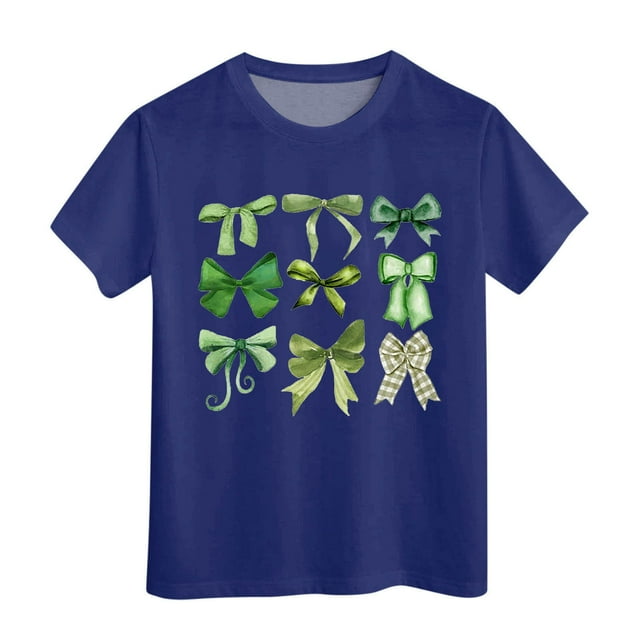 T-shirts Filles Été Col Rond Manches Courtes Nœud Imprimé Coupe Décontractée Basiques Hauts Filles Marine 6-7 Ans