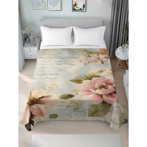 Farmhouse Pink Floral Full Size Flat Sheet, Wrinkleproof & Fadeproof Cooling Flat Bed Sheet Only, Spring Vintage Botanical Flowers Breathable Soft Bedding Top Sheets 81 x 96 Inches