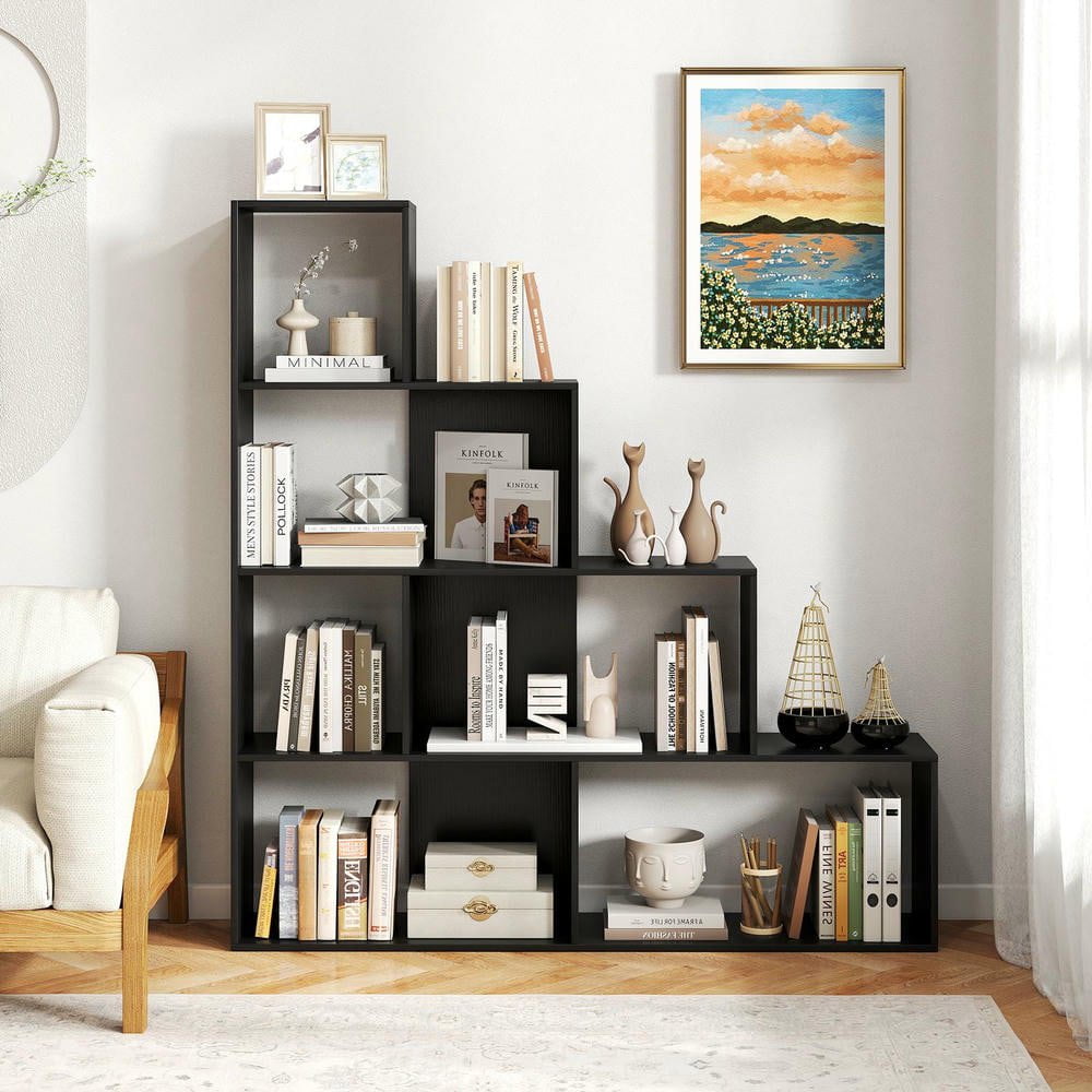 Resenkos 4-Tier Modern Stepped Bookshelf - 6 Storage Cubes, Perfect for Living Room, Black