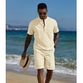 thumbnail image 4 of COOFANDY Men's Two Pieces Cotton Linen Set Henley Shirt Short Sleeve and Casual Beach Shorts Summer Yoga Outfits, 4 of 6