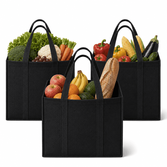 3 Pack Reusable Grocery Bags, Foldable Shopping Cart Bags, Washable Large Storage Reusable Bags, Grocery Tote Bag with Reinforced Handles & Thick Plastic Support Bottom