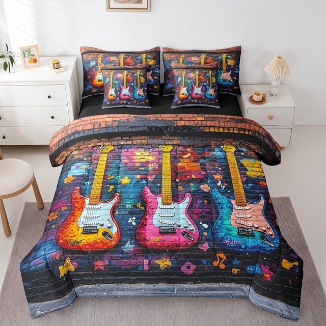 Erosebridal Ensembles de Literie Guitares Électriques Format Grand, Ensemble de Lit Blocs Graffiti, Réversible 7 Pcs