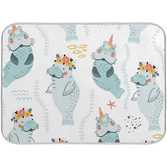 Dish Drying Mat Cute Manatees with Floral Wreaths Microfiber Kitchen Dish Mat Super Absorbent Dish Drainer Mat Fast Drying Heat-resistant Drying Mat for Kitchen Counter, 18"x24"