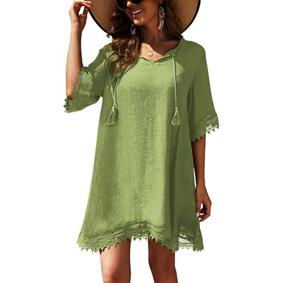 MIKEN Women's Green Ruffled Tie Deep V Neck Crochet Swimsuit Cover Up S