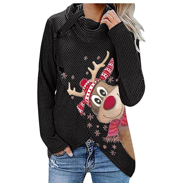 Blusa de manga larga con cuello alto y botones con estampado navideño para mujer Fridja FKASFK180