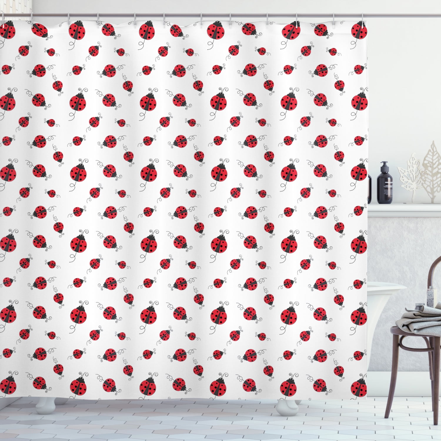 Ladybugs Shower Curtain Ladybug With Dotted Wings Swirls And Curves Abstract Simple Pattern Animal Fabric Bathroom Set Hooks 69w X 84l Inches Extra Long Red Black White By Ambesonne Com Ladybugs Shower Curtain Ladybug With, Ladybug Shower Curtain Hooks