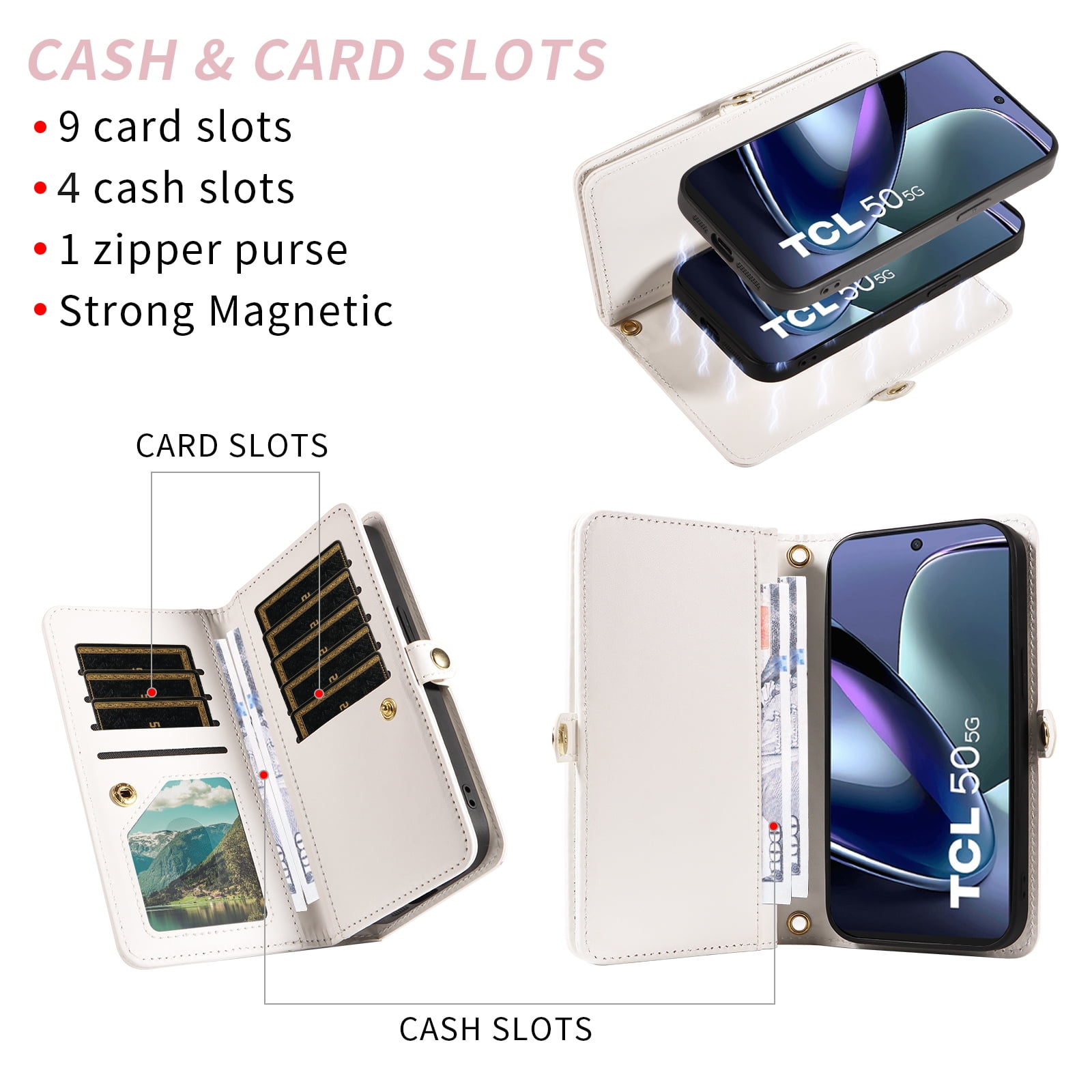 Asuwish Phone Case for TCL 50 5G/50 XE NXTPAPER/50 XE 5G Zipper Wallet Detachable Cell Cover with Tempered Glass Screen Protector Crossbody Lanyard Strap Glitter Flip Card Holder Slot Women White