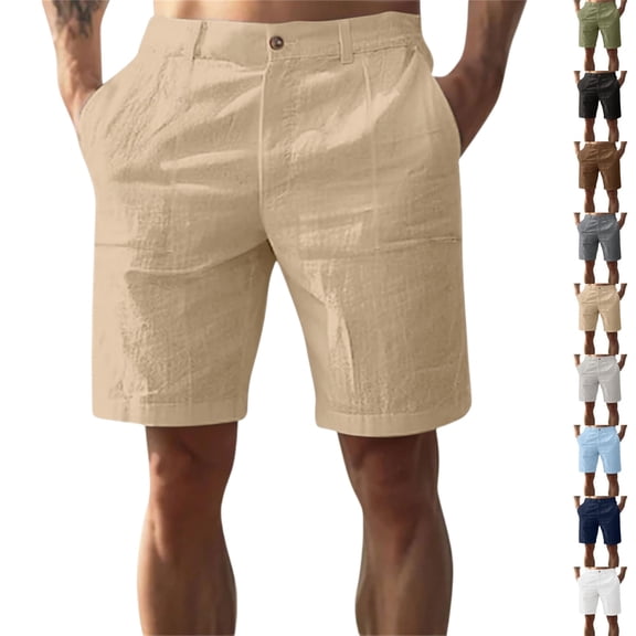 Mfakffe Men Linen Shorts Summer Casual Vintage Shorts Outdoor Knee Length Short Pants Elastic Waist Wide Leg Bottom (Khaki, 3XL)