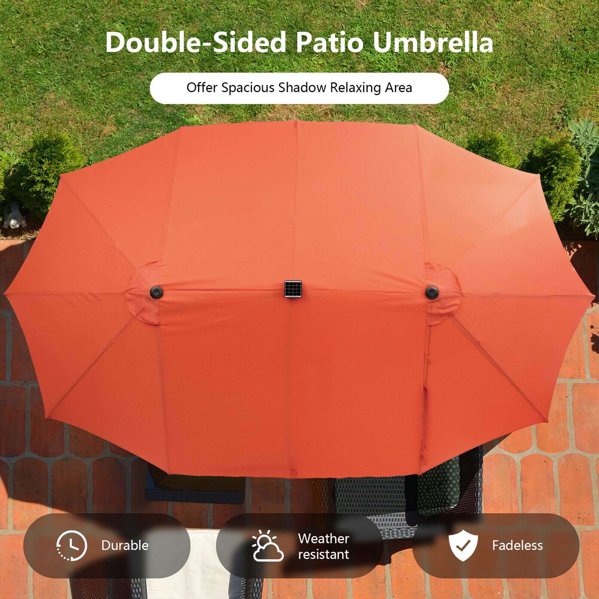 Gymax Outdoor 15' Double-Sided Patio Umbrella 48 Solar LED Lights Crank & Base Orange