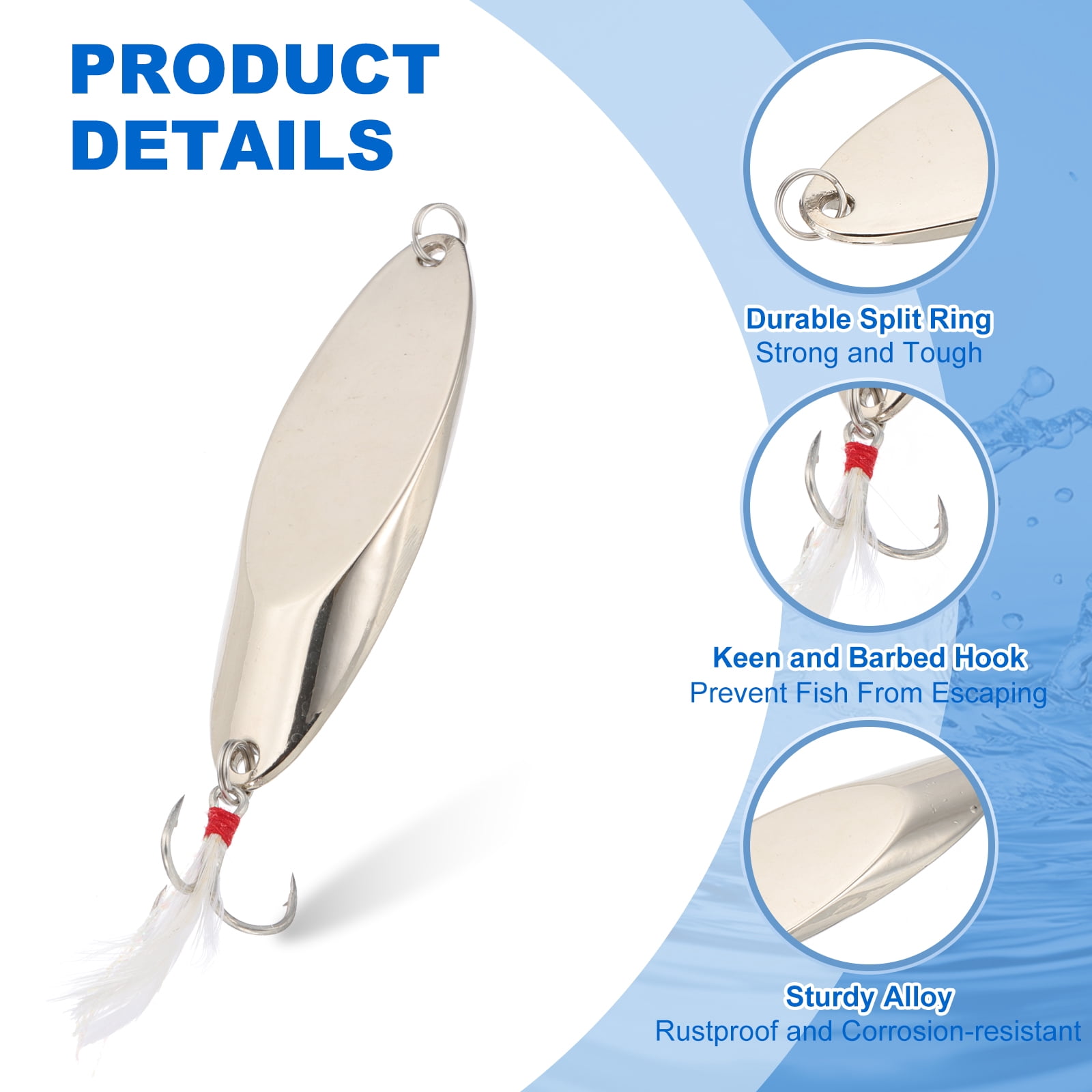 Uxcell Fishing Spoons, 10 Pcs 1-3/8 oz Fishing Lures Casting Spoon Treble Hooks Jigs Hard Metal Spinner Baits for Freshwater Saltwater Salmon, Silver Tone