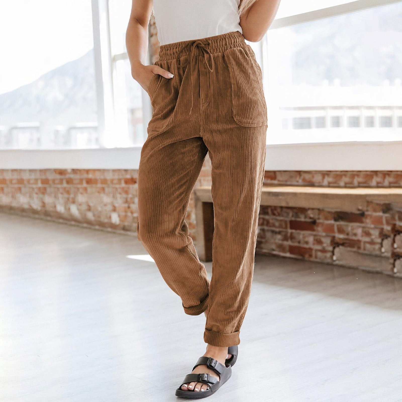 Dndkilg Corduroy Pants for Women Plus Size High Waist Straight Leg Elastic  Waist Drawstring Sweatpants Comfy Warm Cotton Relaxed Fit Tall Cargo Pants  Khaki S - Walmart.com