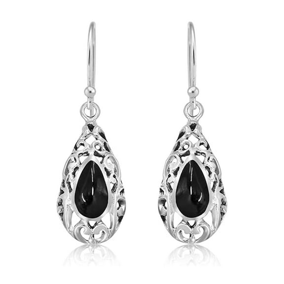 Black Onyx Filigree Teardrop Earrings in 925 Sterling Silver | Vintage-Inspired Elegant Jewelry for Women | Classic Evening Accessory