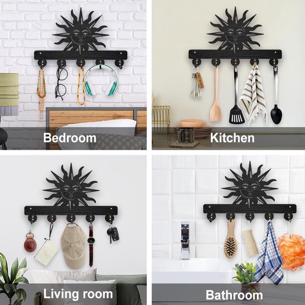 MAYJOYDIY Sun Wooden Key Hook Wall Rack - 5 Alloy Hooks, Rustic Sun Design, 11.8x7.8 Inch, Black