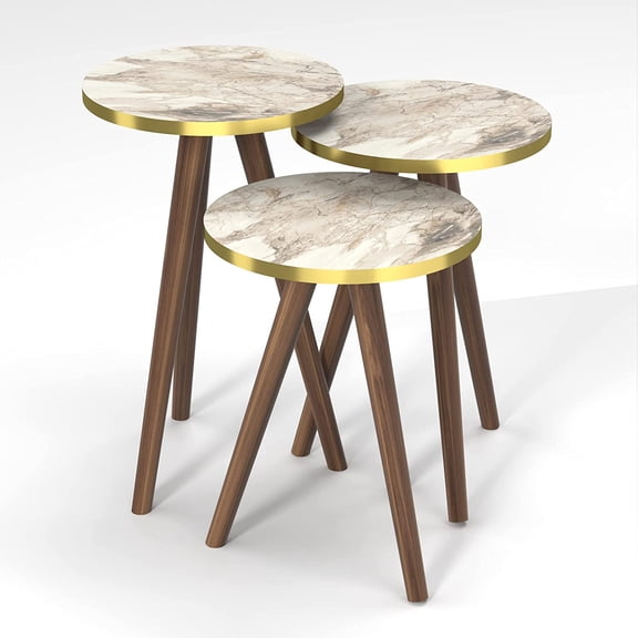 Round Nesting Set of 3, Modern Woodgrain Look with Black Base for Living Room Coffee Tables or Nightstands - Side End Table (White Marble Design - Gold Side, Round-Wood Leg)
