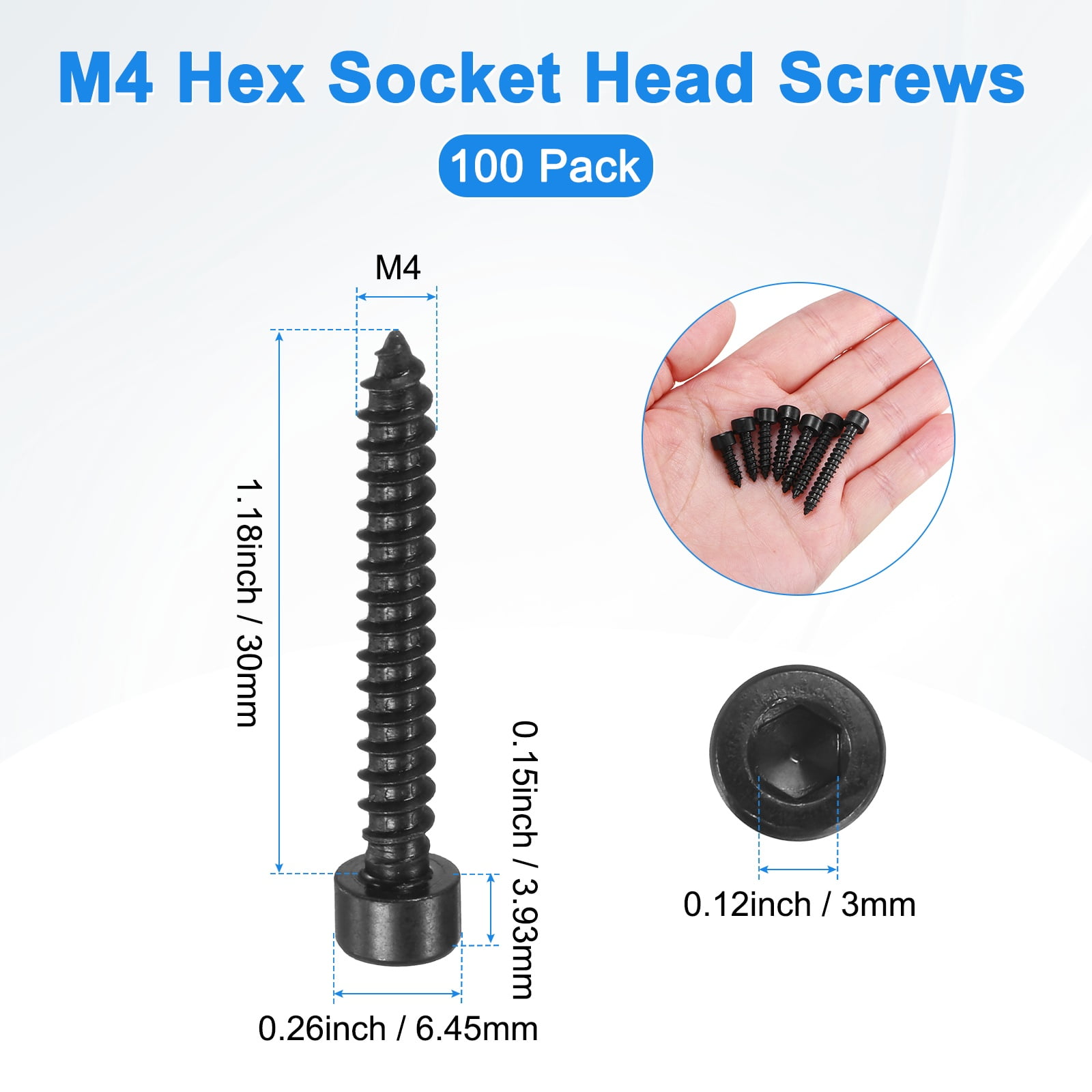Uxcell 100 Pack Hex Socket Head Screws, M4x30mm Stainless Steel Bolts Full Thread Self Tapping Screws for Furniture Machinery Electrical Appliances [Black]