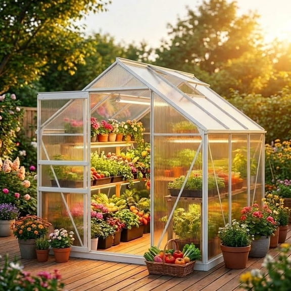 6x6 FT Outdoor Greenhouse Kit, Heavy Duty Polycarbonate Greenhouse with Reinforced Aluminum Frame, Adjustable Roof Vent, Lockable Door & Quick-Connect System for All Seasons