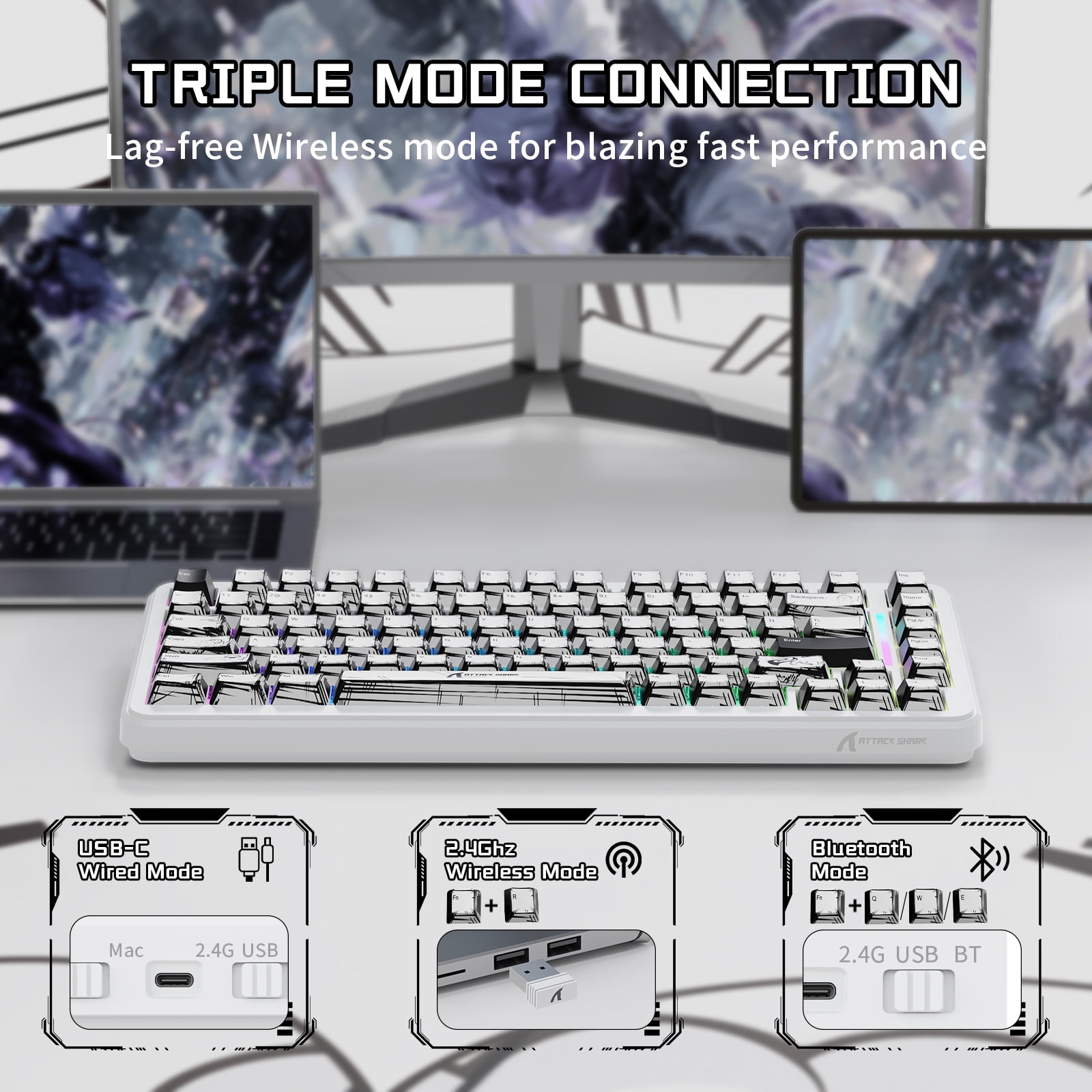 ATTACK SHARK X82PRO HE 75% Wireless Rapid Trigger Magnetic Keyboard, 8K Wired Gaming Keyboard, Hall Effect Switches Adjustable Actuation, QWERTY, RGB Backlit, C01 RGB Coiled Cable -Comic