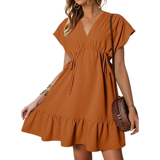 Offres jusqu'à 70 % de Rabais! Hauts d'Été pour Femmes 2024 Grande Taille Robes de Mode Manches Courtes Col en V Cordon Décontracté à Volants Robe Trapèze Courte Cadeau pour Femmes en Solde