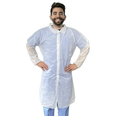Disposable Lab Coat L. 35 GSM PP White Disposable Lab Coats for Adults. 30 Pack Knee-length Lab Coat with Long Sleeves, Elastic Wrists, Loop Fasteners. White Lab Coat No Pockets