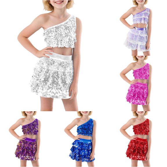 Zylarhe Girls Sequin Dance Two Piece Stretchy Performance Skirt Top Party Outfit White 2-3 Years