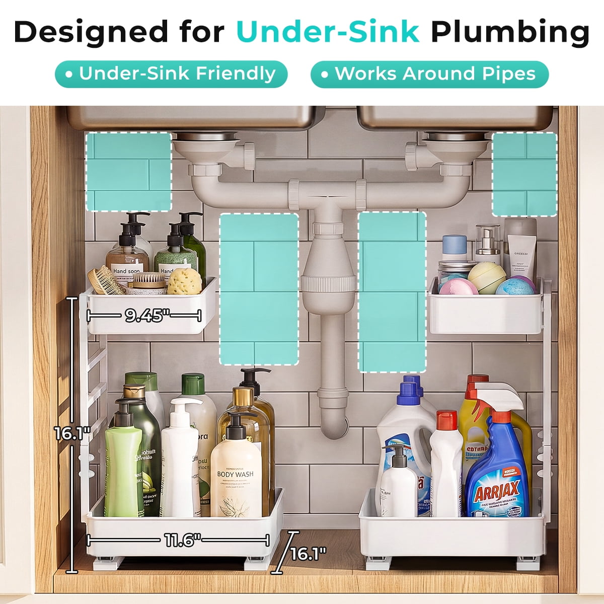 Everie Adjustable 2-Tier Pull Out Under Sink Organizer Big Capacity Heavy Duty Metal Slide Shelf for Kitchen Bathroom Cabinet(White 2-Pack)