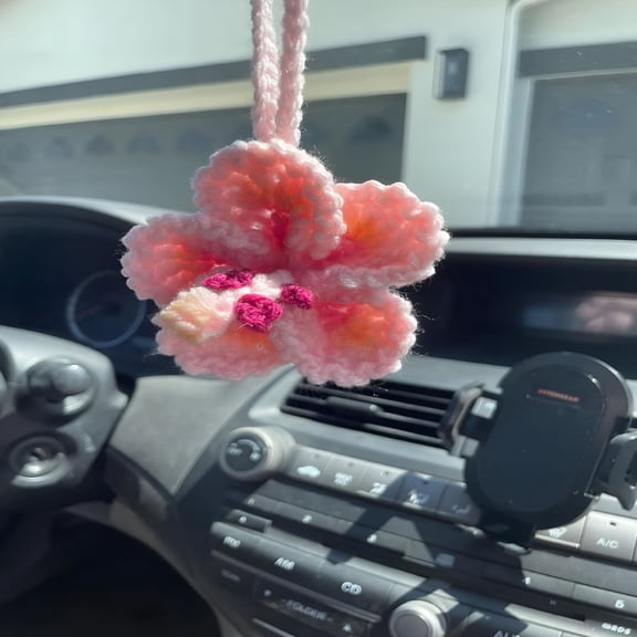 LAMIRO Hibiscus Flower Car Hanging Ornament, Crochet Hawaiian Tropical Flowers Bag Charms Decor Car Rear View Mirror Beach Accessories (Pink)