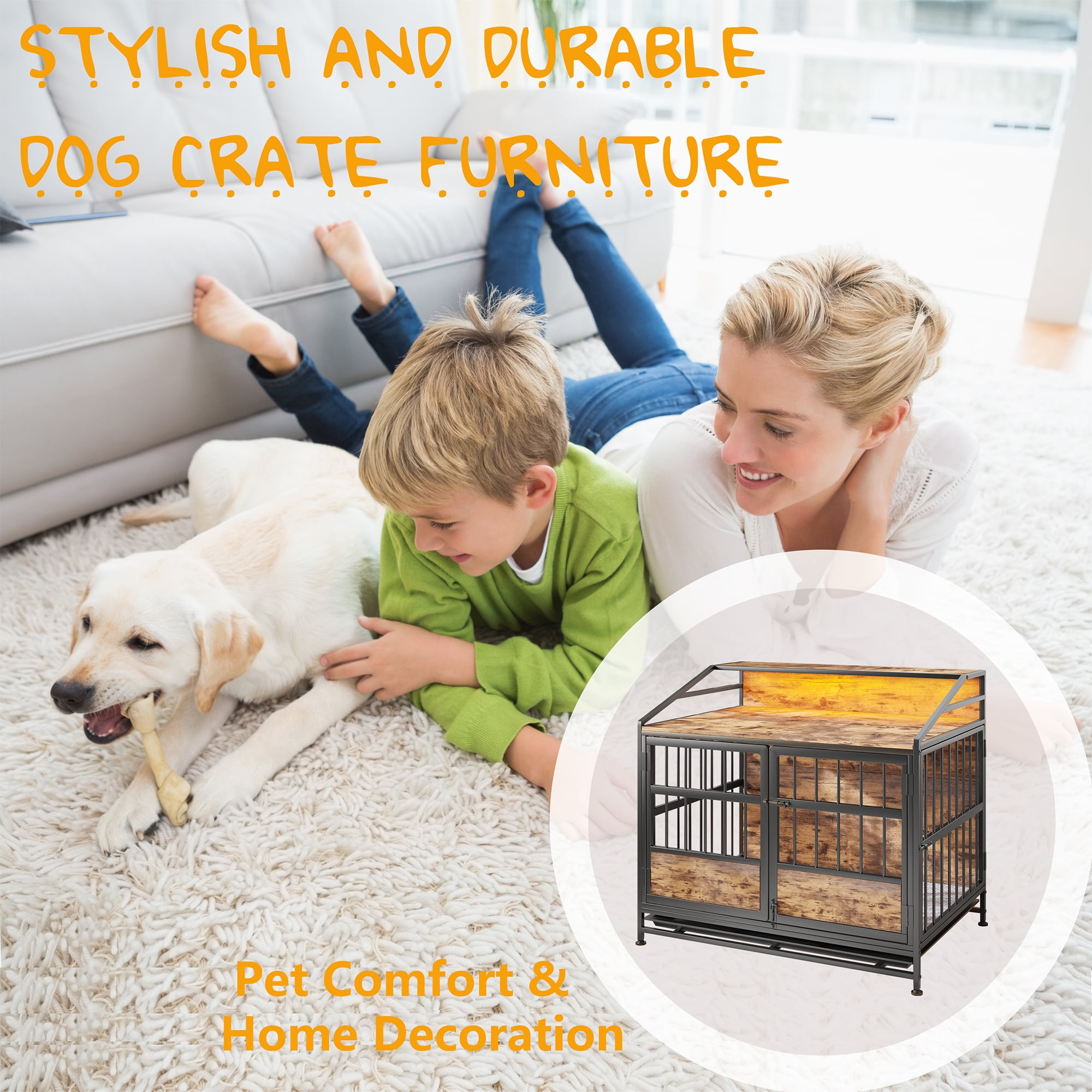 Multi-function Dog Crates with Storage, Furniture Large Wooden Dog Kennel with Double Doors, for Large/Medium Dog Indoor
