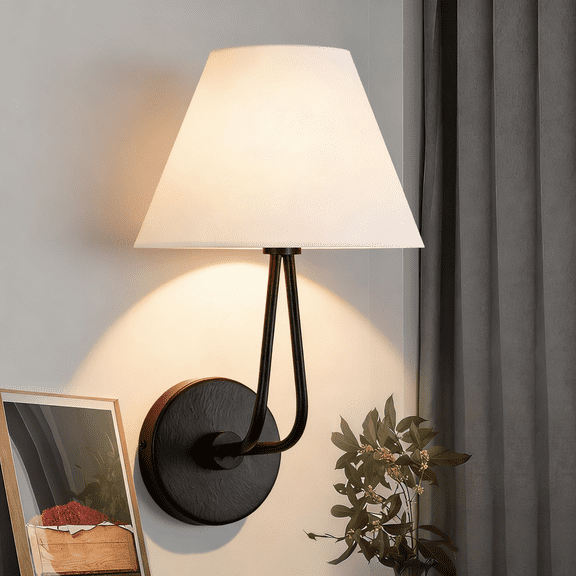 Elegant Cream Linen Shade With Metal Frame Wall Sconce, Hardwired Indoor Single Sconce Light Wall Mounted Lamp for Bedroom Living Room Stairs Hallway
