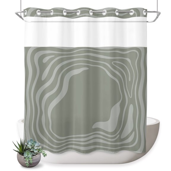 No Hook Shower Curtain, Abstract Fluid Art Shower Curtains for Bathroom with See Through Top Window, Green Modern Ripple Minimalist Waterproof & Washable Bath Curtain Long 72"x78"