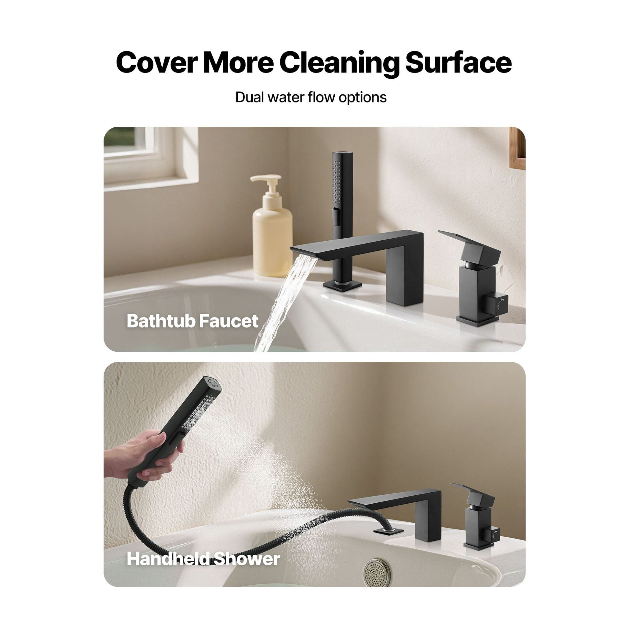 Roman Tub Faucet 3 Hole, Waterfall Bathtub Faucet with Shower, Matte Black Tub Spout, Stainless Steel Roman Faucets for Bath, Pet Washing, Adult Bathing