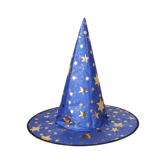 Witch Hat, Blue with Gold Star Prints, 1 Pack Wizard Costume Accessory for Adults Kids, Halloween Party Dress Up Cosplay Themed Festival Decoration Headwear Supplies