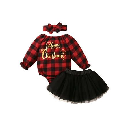 

Bebiullo Newborn Baby Girls Christmas Clothes Set Plaid Long Sleeve Romper+Tutu Skirts+Headdress 3Pcs Outfits 0-3 Months