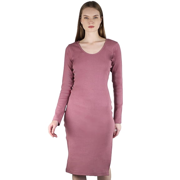 Artyska Women's Casual Bodycon Long Sleeve Round Neck Ribbed Side Slit Club Party Midi Dresses