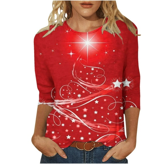 Wdfiry Christmas Shirt for Women Light Up Shiny Tree Print 3/4 Sleeve Pullover Fall Novelty Xmas Crewneck Tops