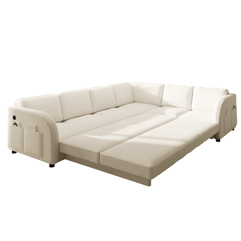 L-Shaped Sectional Sofa with Pull Out Bed, 115.2'' Convertible Sleeper Sofa with Reversible Chaise, USB Charging Ports & Side Pockets, Oversized 6-Seat Sofa Couch for Living Room