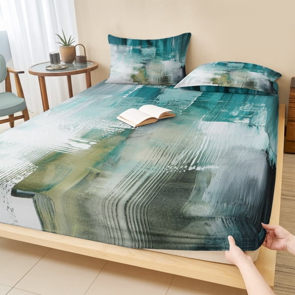 Twin XL Size Fitted Sheet Set - Teal Turquoise 2 Piece Bedding Sets 16" Deep Pocket Fitted Sheet with 1 Pillowcases, Modern Abstract Minimalism Ombre Art Brushed Microfiber Hotel Luxury Bed Sheets