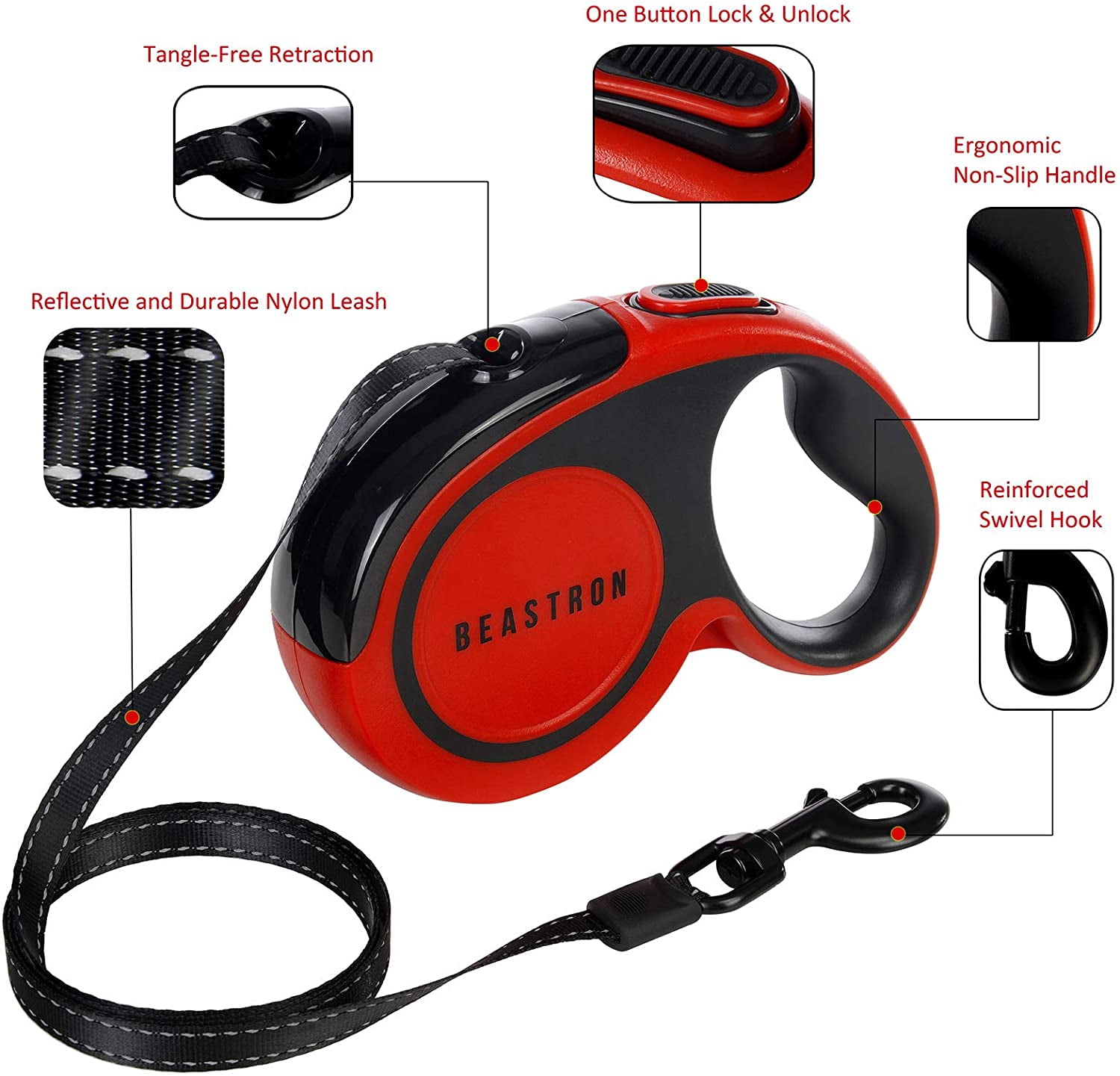 Beastron (Upgraded) Heavy Duty Retractable Dog Leash, 16" Extra Long Tangle-Free Reflective Nylon, Medium to Large Dogs up to 110lbs, One Button Lock/Unlock, Waste Bags and Dispenser Included (Red)