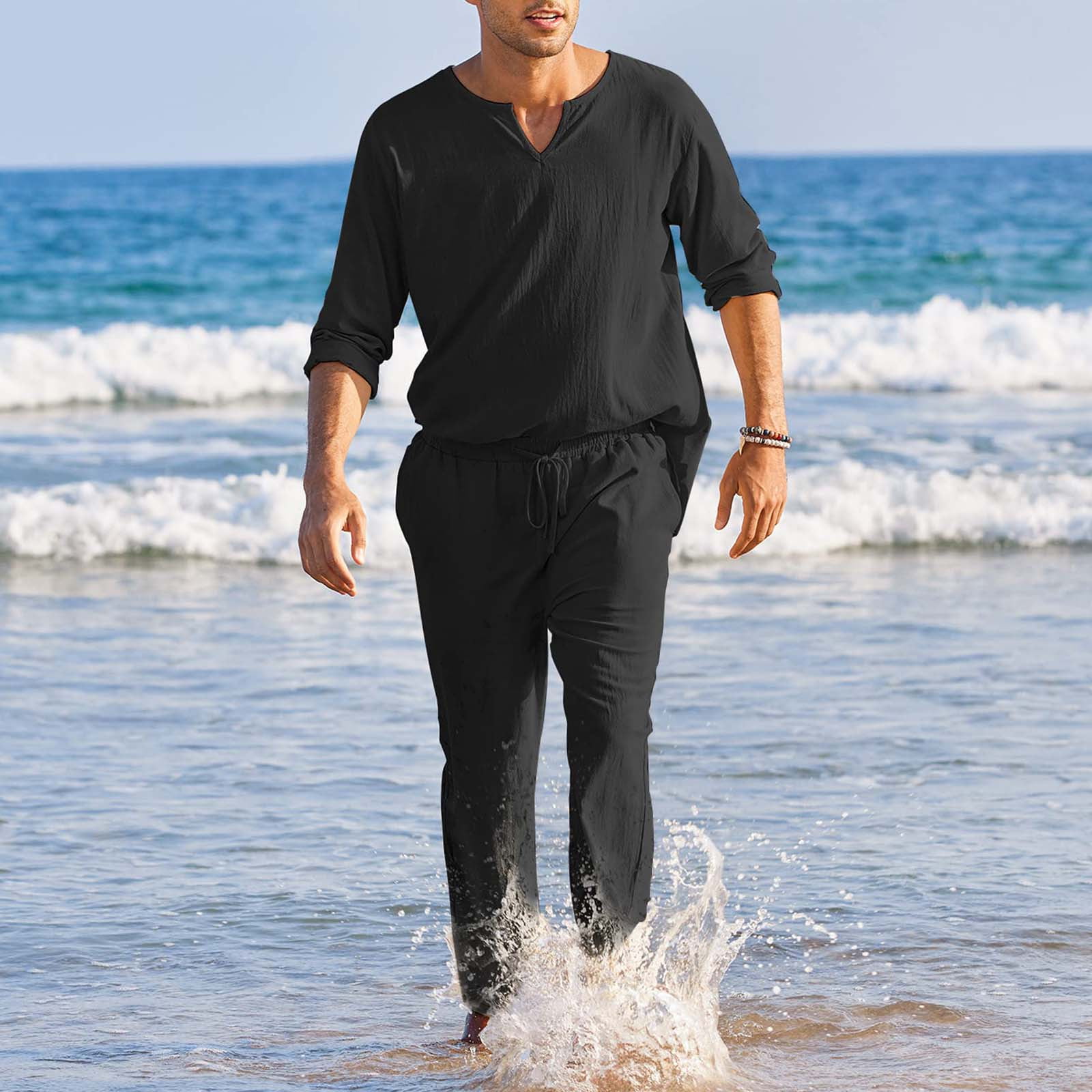RPOVIG Linen Shirt Sets Outfits:Men's 2 Pieces Henley Shirts Long Sleeve  Loose Yoga Pants Beach Clothing Medium White