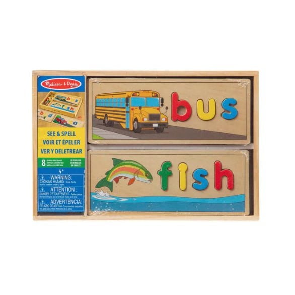 Melissa & Doug See & Spell Jouet éducatif en bois avec 8 tableaux d’orthographe recto-verso et 64 lettres.