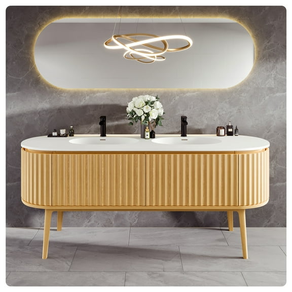 Eviva Haven 71"W x 22"D Oak Freestanding Bathroom Vanity with White Solid Surface Integrated Sink Top