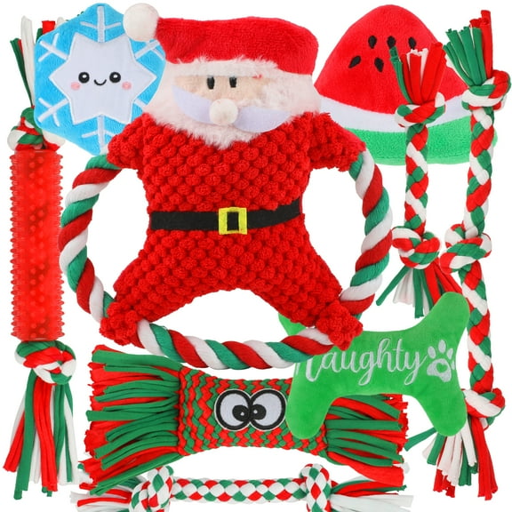 9 Pack Dog Chew Toys for Aggressive Chewers, Christmas Chew Toys Pack with Rope Toy for Puppies Small Medium Dogs, Squeaky toy