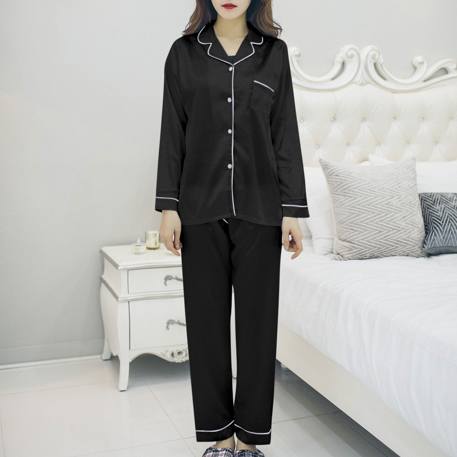 ZyeKqe Pajamas Sets for Women Long Sleeve Lapel Button down
