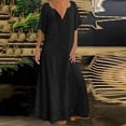 thumbnail image 1 of Puntoco Vestido De Manga Corta Con Cuello En V, Falda Larga Suelta De Color Sólido Informal Para Mujer De Encaje Negro Xxl, 1 of 6