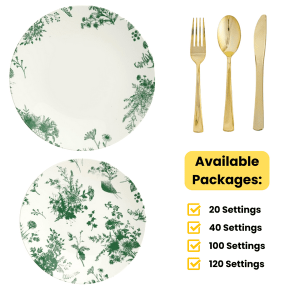 White / Green Verdure Wedding Plastic Plates Party Bundle W/ Gold Plastic Cutlery 100 Pack